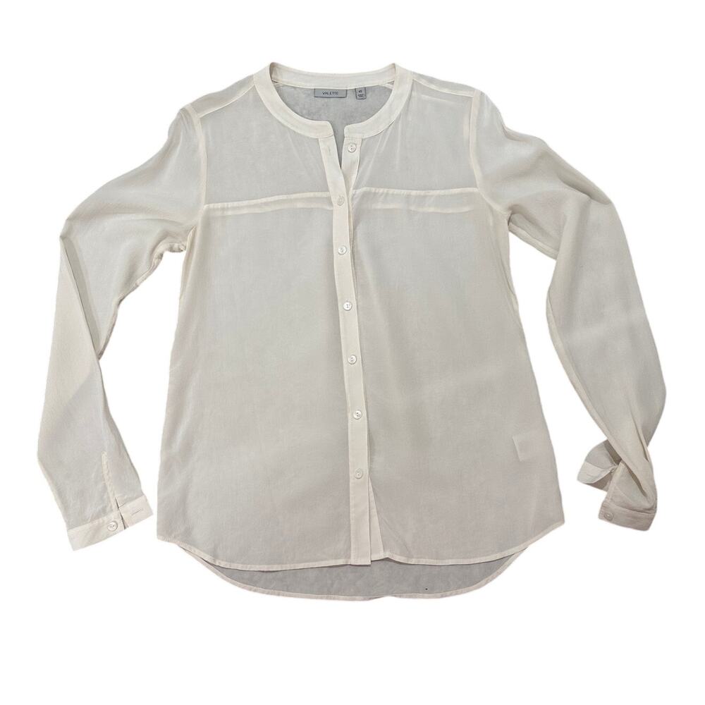 Valette Silk Long Sleeve Semi-Sheer Split Neck Top Blouse Cream, size XS